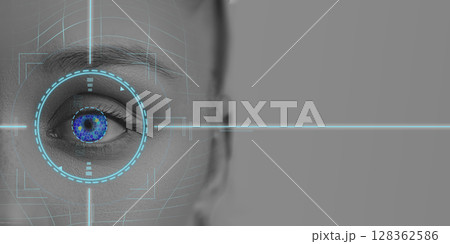 High-tech eye scan showcasing biometric identification technology in a close-up view High-tech eye scan showcasing biometric identification technology in a close-up view 128362586