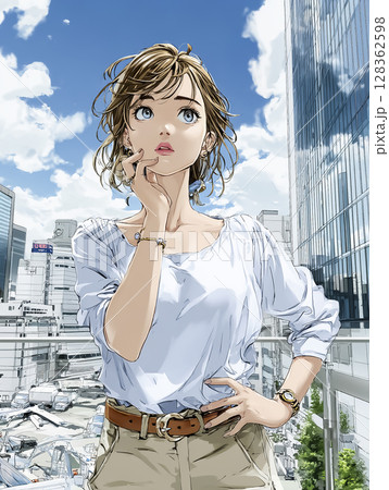 空を見上げて悩むビジネスウーマンのイラスト素材　腰に手 128362598