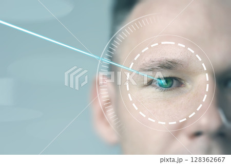 Focused light beam targeting human eye for advanced vision correction technology in a clinical setting 128362667