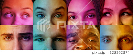 Diverse faces displaying a range of emotions and expressions in vibrant colors and lighting 128362874