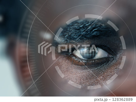 Close-up of a human eye with digital overlay showcasing biometric technology in action 128362889