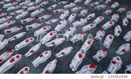 Anti war concept. Corpses covered with sheets. Military base. 3d rendering. 128362898