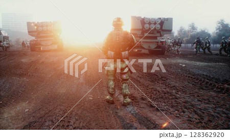 Soldier and american High Mobility Artillery Rocket System in a ruined city. 3d rendering. 128362920