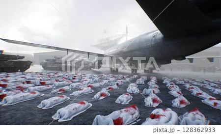 Anti war concept. Corpses covered with sheets. Military base. 3d rendering. Anti war concept. Corpses covered with sheets. Military base. 3d rendering. 128362933