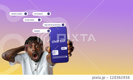 Excited individual showcasing chatbot features on a smartphone in a vibrant and colorful setting Excited individual showcasing chatbot features on a smartphone in a vibrant and colorful setting 128362938