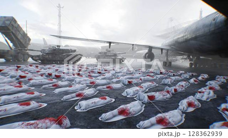 Anti war concept. Corpses covered with sheets. Military base. 3d rendering. Anti war concept. Corpses covered with sheets. Military base. 3d rendering. 128362939