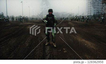Soldier with gun in in a ruined city. 3d rendering. Soldier with gun in in a ruined city. 3d rendering. 128362950