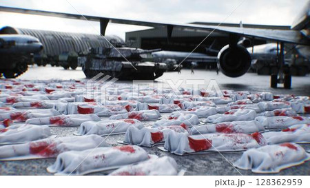 Anti war concept. Corpses covered with sheets. Military base. 3d rendering. 128362959