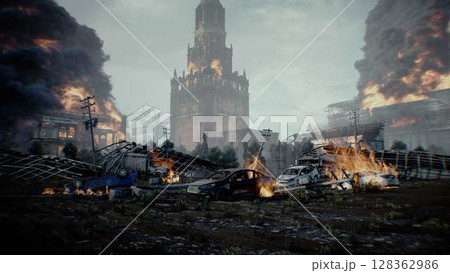 Russian apocalyptic. burning city Moscow. Armageddon. 3d rendering. 128362986