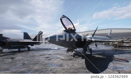 Military american base. American fighter jet. 3d rendering. 128362989
