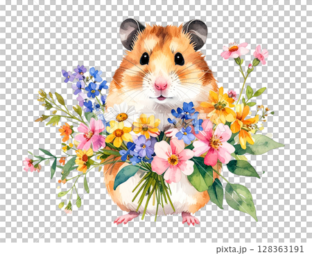 花束を持ったハムスターのイラスト素材	 128363191