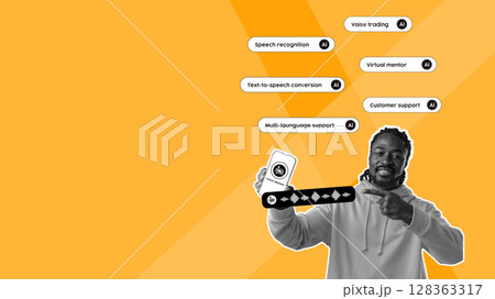 Innovative technology for customer support and virtual mentoring with multi-language capabilities showcased by a professional 128363317