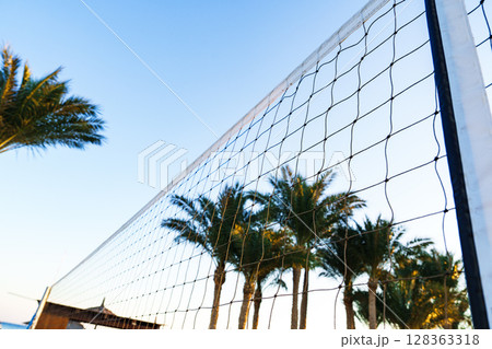 Sunny beach volleyball court framed by palm trees under a clear blue sky in a tropical setting during the afternoon 128363318