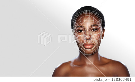 3D facial mapping showcasing detailed facial structure on a model against a simple backdrop 128363491