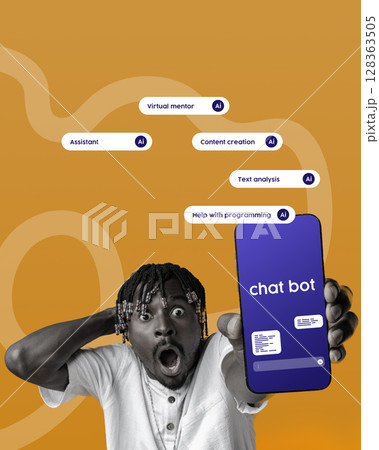 Person expresses surprise while using a chatbot application for programming assistance Person expresses surprise while using a chatbot application for programming assistance 128363505