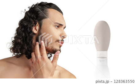 Grooming routine with a focus on skincare and hair care for men in a modern setting 128363550
