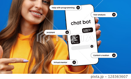 Exploring the features of an AI chatbot through a smartphone demonstration in a vibrant setting 128363607