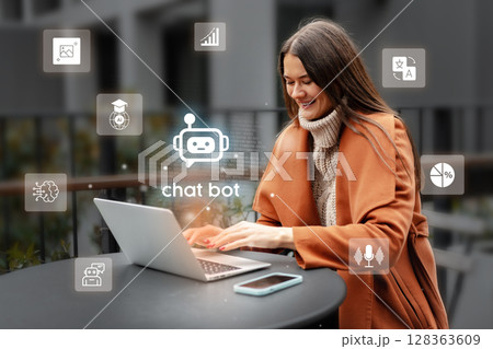 Modern professional woman uses laptop and chatbot technology while sitting outdoors in a stylish outfit Modern professional woman uses laptop and chatbot technology while sitting outdoors in a stylish outfit 128363609