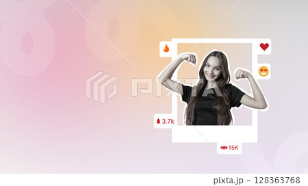 Young woman proudly showcasing strength with playful emojis and impressive social media engagement in an inviting background Young woman proudly showcasing strength with playful emojis and impressive social media engagement in an inviting background 128363768
