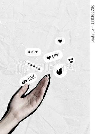 Engaging social media interactions and notifications illustrated with hand and icons against a textured background Engaging social media interactions and notifications illustrated with hand and icons against a textured background 128363780