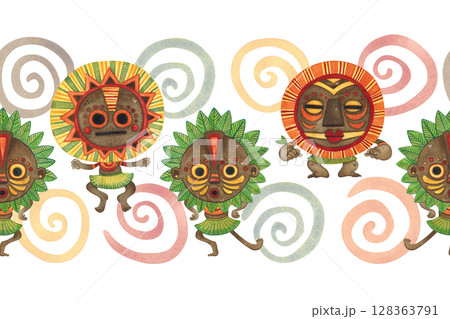 Seamless border with African masks on a background of colored spirals. Watercolor illustration hand drawn, cartoon. Drawing for textiles, paper, cards, stickers. Mask, face, Africa, pattern, spiral Seamless border with African masks on a background of colored spirals. Watercolor illustration hand drawn, cartoon. Drawing for textiles, paper, cards, stickers. Mask, face, Africa, pattern, spiral 128363791