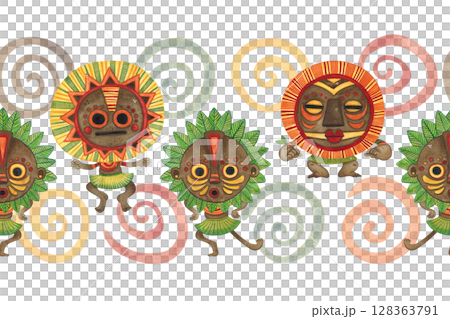 Seamless border with African masks on a background of colored spirals. Watercolor illustration hand drawn, cartoon. Drawing for textiles, paper, cards, stickers. Mask, face, Africa, pattern, spiral Seamless border with African masks on a background of colored spirals. Watercolor illustration hand drawn, cartoon. Drawing for textiles, paper, cards, stickers. Mask, face, Africa, pattern, spiral 128363791