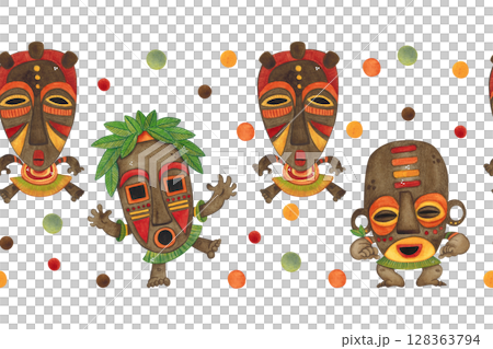 Seamless border with African masks on the background of colorful confetti. Watercolor illustration hand drawn, cartoon. Drawing for textiles, paper, cards, stickers. Mask, face, Africa, holiday Seamless border with African masks on the background of colorful confetti. Watercolor illustration hand drawn, cartoon. Drawing for textiles, paper, cards, stickers. Mask, face, Africa, holiday 128363794