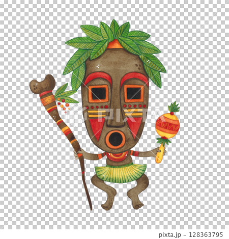 African shaman with a staff and in a mask. Watercolor illustration hand drawn, cartoon. Drawing for textiles, paper, cards, stickers. face, holiday, carnival, travel, national, costume, aborigine African shaman with a staff and in a mask. Watercolor illustration hand drawn, cartoon. Drawing for textiles, paper, cards, stickers. face, holiday, carnival, travel, national, costume, aborigine 128363795