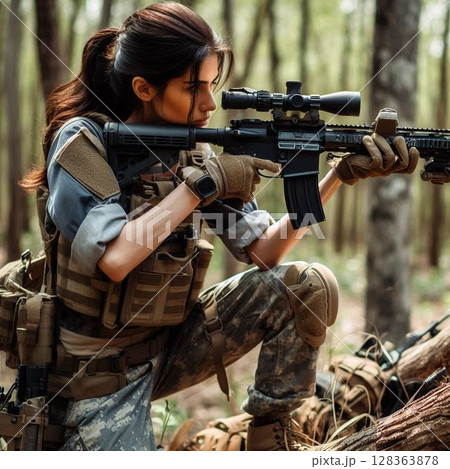 ライフル・銃を構える女性ハンター、スナイパー ライフル・銃を構える女性ハンター、スナイパー 128363878