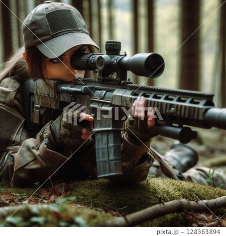 ライフル・銃を構える女性ハンター、スナイパー 128363894