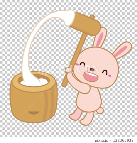 Illustration of a rabbit pounding rice cakes / white background 128363938