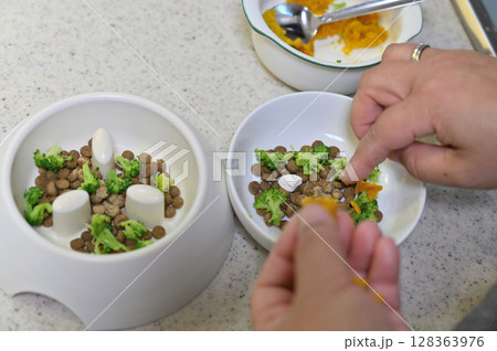 愛犬の手作りご飯　ドッグフードにトッピング（ブロッコリー・かぼちゃ・サプリ）　 128363976