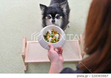 愛犬の手作りご飯　ドッグフードにトッピング（ブロッコリー・かぼちゃ・サプリ）　チワワ 128363987