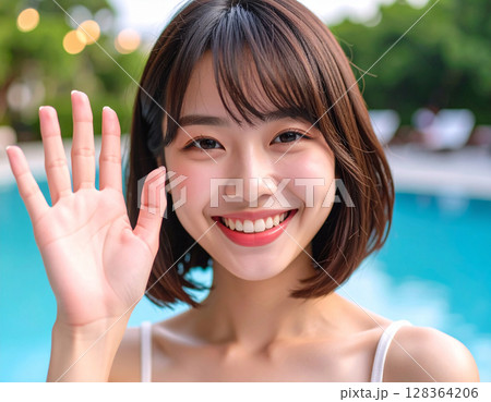 ビーチで手を振る若い女性 ビーチで手を振る若い女性 128364206