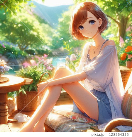 自然に囲まれてリラックスする女性、美人、少女、モデル 自然に囲まれてリラックスする女性、美人、少女、モデル 128364336