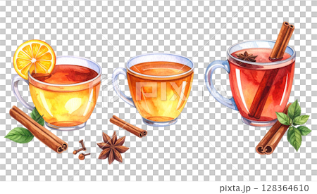 リラックスティー、ホットドリンクの水彩イラスト リラックスティー、ホットドリンクの水彩イラスト 128364610