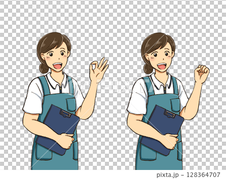 Caregiver woman wearing an apron Pose set 128364707