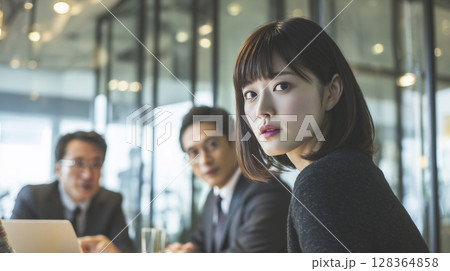 複数のビジネスパーソンが開放感のあるオフィスでミーティングしているシーン 128364858