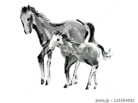 年賀状 デザイン用 馬の親子の手書き和風筆イラスト 年賀状 デザイン用 馬の親子の手書き和風筆イラスト 128364892