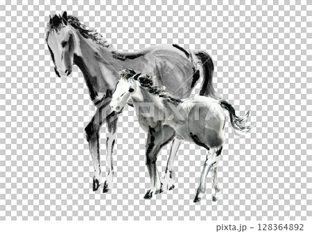 新年賀卡設計:手繪日式母子馬插畫 新年賀卡設計:手繪日式母子馬插畫 128364892