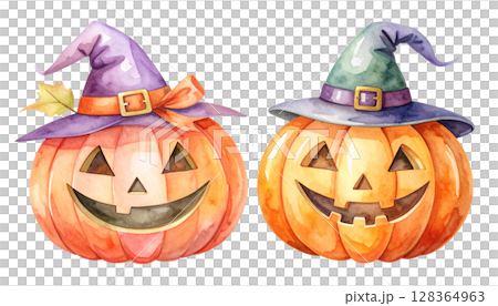 ジャックオーランタン、ハロウィンの水彩イラスト 128364963