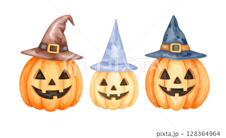ジャックオーランタン、ハロウィンの水彩イラスト 128364964