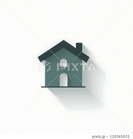 A minimalist, teal house icon with a dark roof and chimney, casting a long shadow on a white 128365031