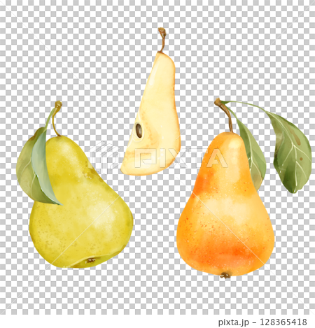 Hand-drawn illustration of fresh pears in green and yellow with a leaf, isolated on white. Ideal for packaging and design projects. 128365418