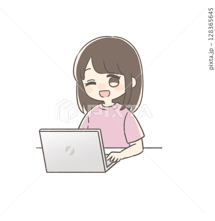 パソコン作業中にウインクしている女性のイラスト パソコン作業中にウインクしている女性のイラスト 128365645