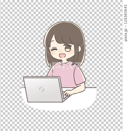 パソコン作業中にウインクしている女性のイラスト パソコン作業中にウインクしている女性のイラスト 128365645