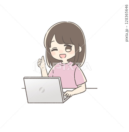 パソコン作業中にウインクしてGOODサインをしている女性のイラスト 128365646