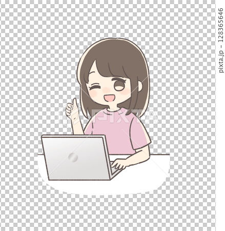 Illustration of a woman winking and making a GOOD sign while working on a computer 128365646