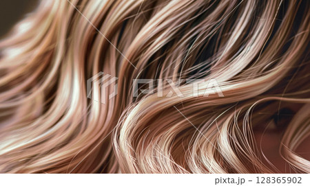 Long, wavy hair in beautiful shades of rich brown and caramel, showcasing healthy, voluminous texture and a luxurious appearance against a dark background. Long, wavy hair in beautiful shades of rich brown and caramel, showcasing healthy, voluminous texture and a luxurious appearance against a dark background. 128365902