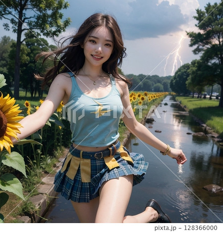 夕日に照らされ、ひまわり畑に！！、　笑顔！！ 128366000